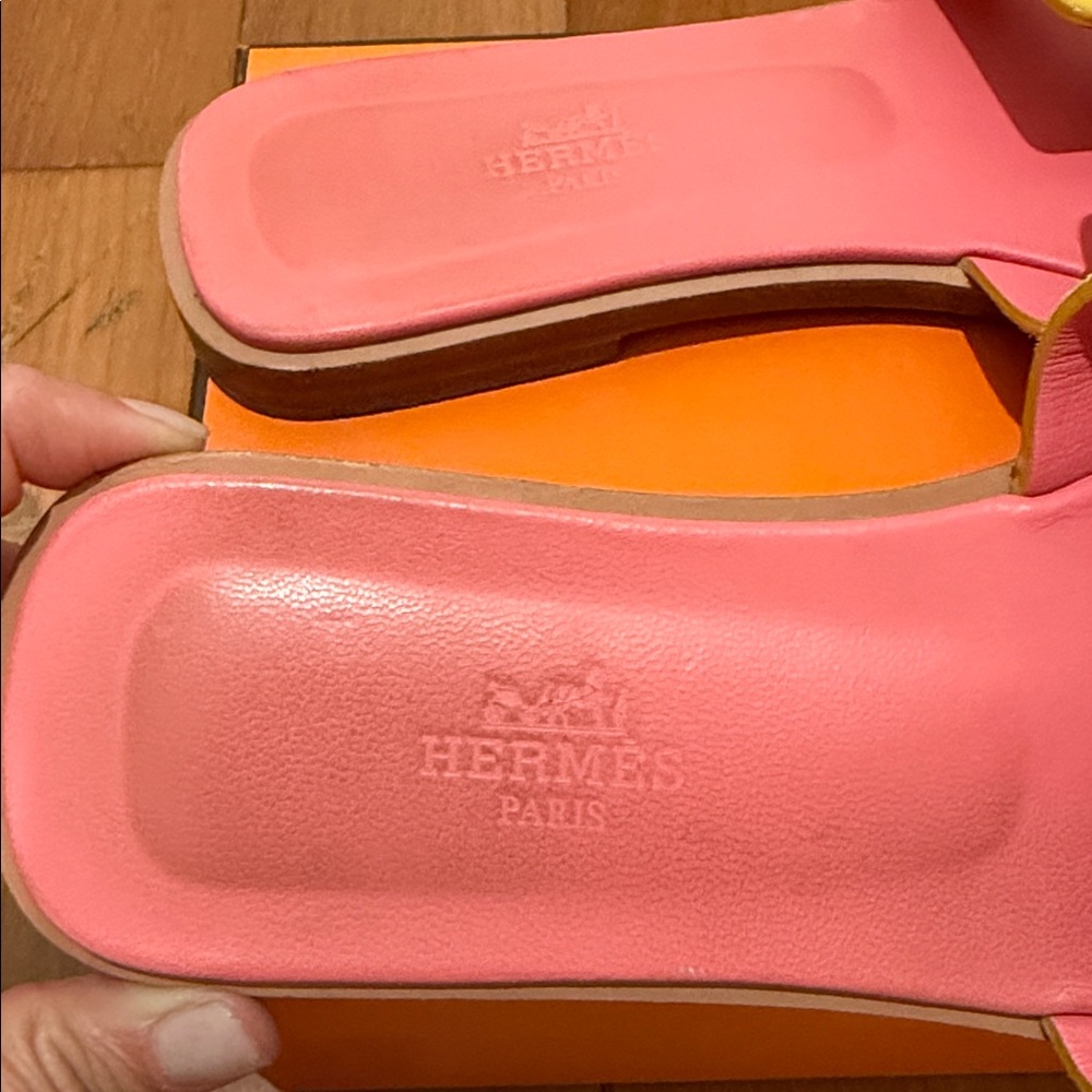 Hermès Oran Yellow and Pink Suede Sandals - Picture 6 of 6